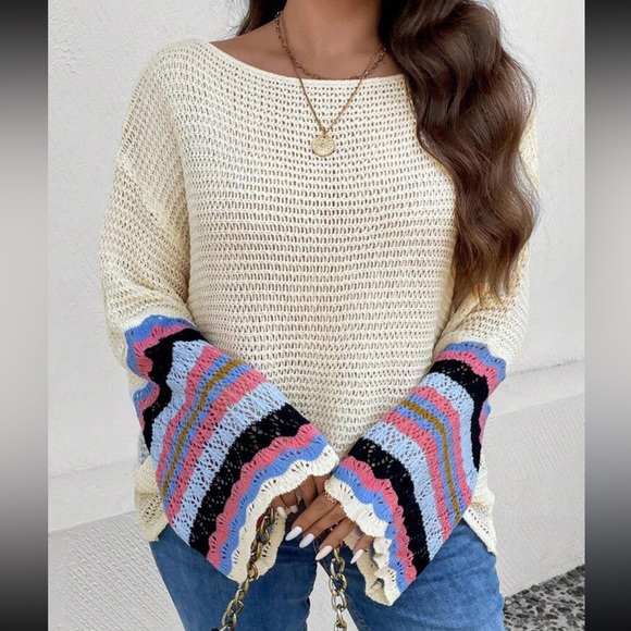 Plus Size Sheer Loose Knit Striped Pattern Drop Shoulder Sweater Top - Picture 3 of 7